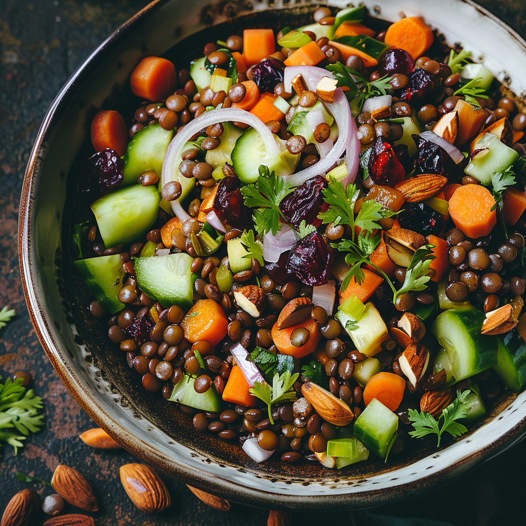 Salade végé d'été au quinoa aux Légumes, fruits secs et amandes